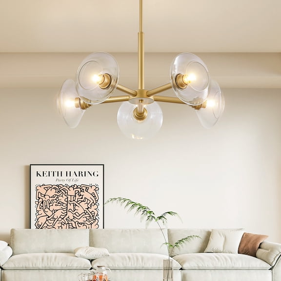 Jopath 26" Modern Gold 5-Light Chandelier with Clear Glass Shades, Mid-Century Hanging Pendant Light Fixture for Dining Room, Living Room, or Kitchen (Bulb Not Included)