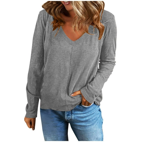 ylioge Long Sleeve Shirts for Women, Womens V Neck Sweatshirt Solid Color Lightweight Oversized Tops Blouses T Shirts Spring