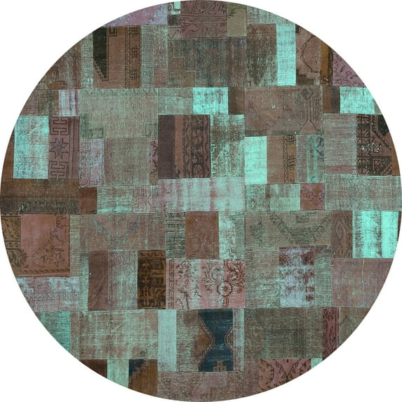Ahgly Company Indoor Round Patchwork Turquoise Blue Transitional Area Rugs, 7' Round