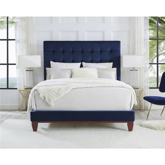 Posh Living Blake Button-Tufted Velvet Platform King Bed Frame in Blue