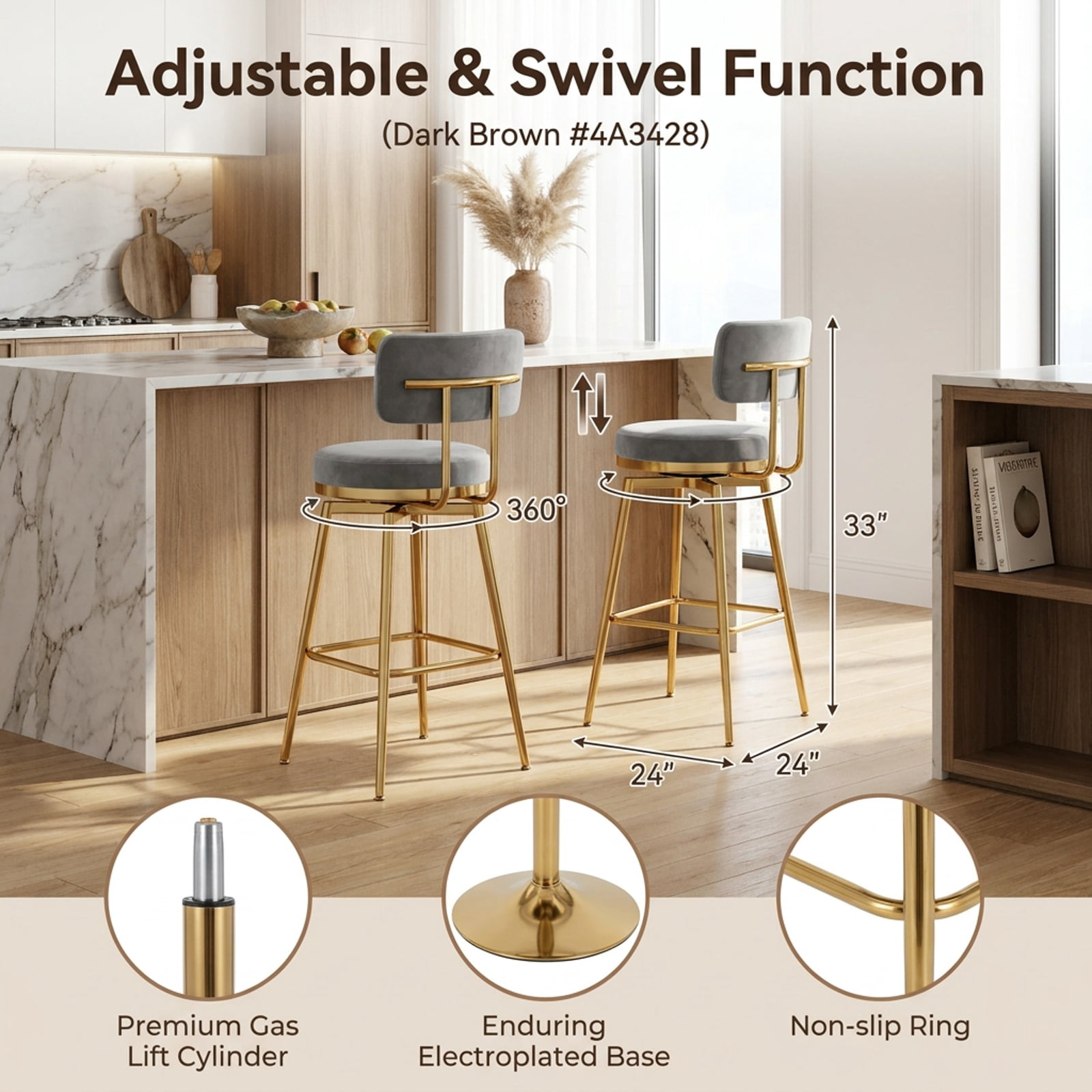 Furnibear Swivel Bar Stool Set of 2 Dutch Velvet Height Adjustable Island Stools for Kitchen Island Counter Bar Pub Dining Home, Grey