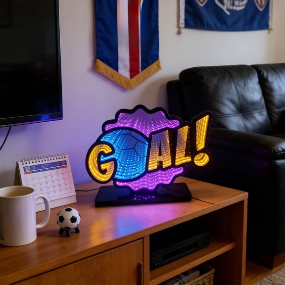 Cadancy Soccer Goal LED Light Up Sign, 11 in Acrylic Night Light, Illusion Football Lamp for Sports Fan, USB Powered Bedroom Desk Table Lamp Home Decor