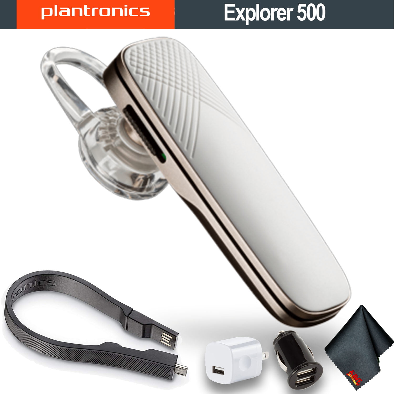 Plantronics Explorer 500 Bluetooth Headset (White) W/ Dual USB Car Charger,  USB Wall Charger - Essential Bundle - Walmart.com