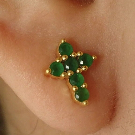 Christmass Gift 14k Yellow Gold Plated Silver 1.00Ct Round Cut Lab Created Green Emerald Cross Stud Earrings