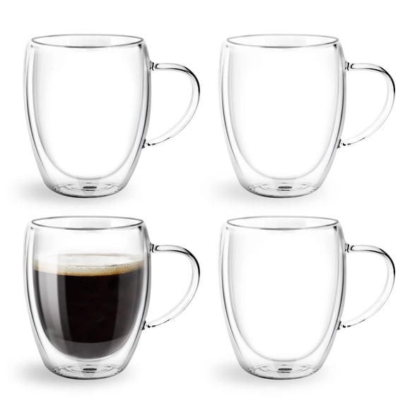 Tasses à Café en Verre 350 ml, Top-spring 12 Oz Tasses à Café en Verre Transparent avec Poignées - Ensemble de 4 Tasses à Café à Double Paroi Isolées Thé Lat