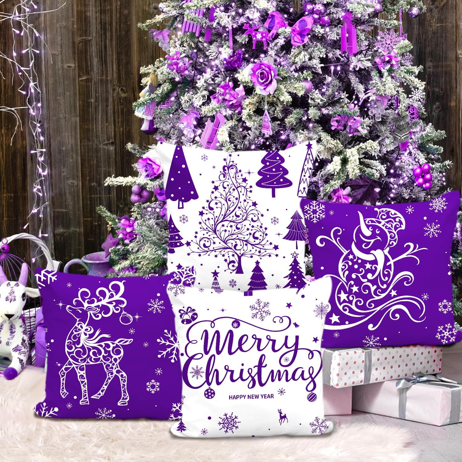 Purple Christmas Throw Pillow Covers 18x18 Set of 4 Christmas Decoration Trees Deer Snowman Merry Christmas Decorative Holiday Farmhouse Pillow Covers for Holiday Christmas Decoration