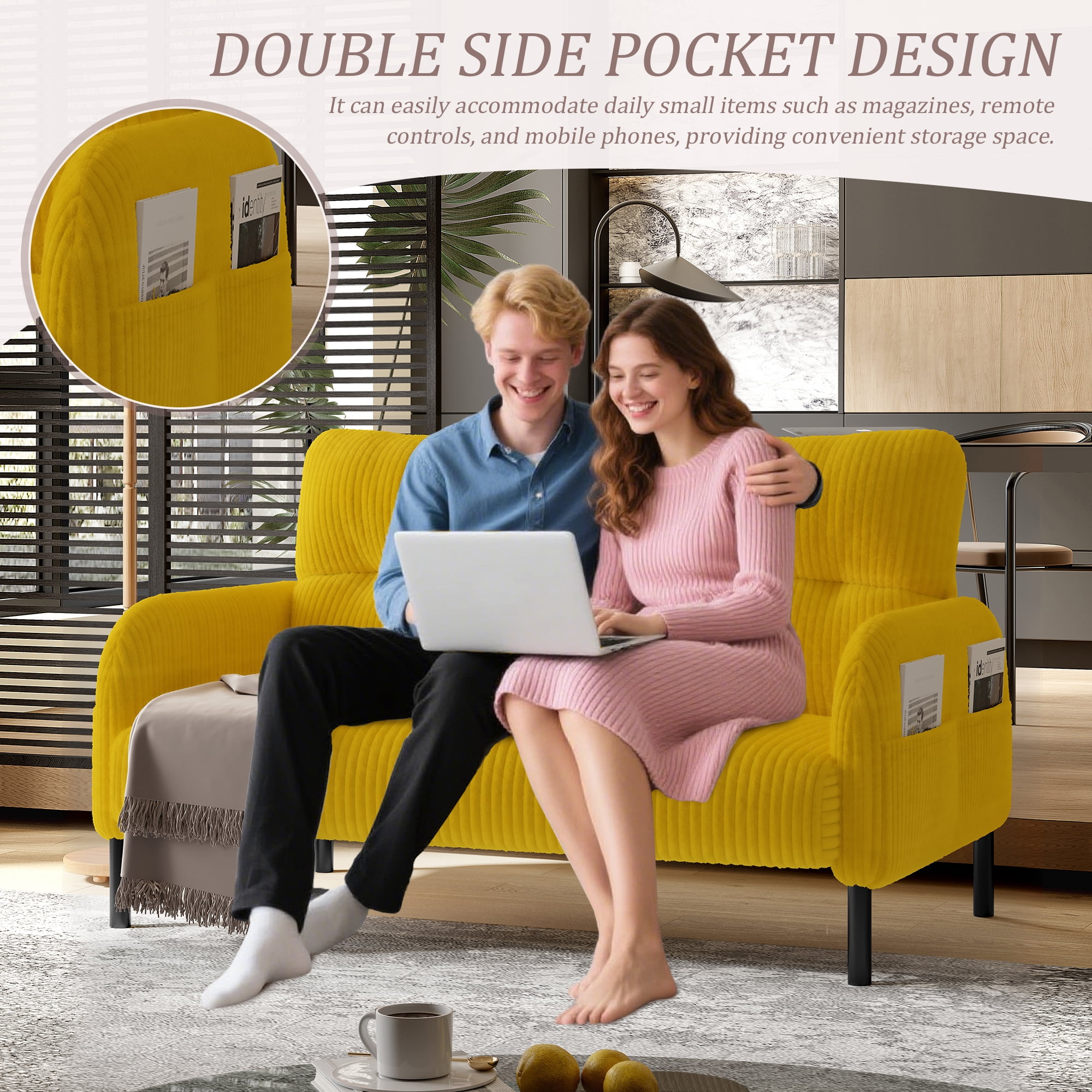 MOONMISS Corduroy Upholstered Tufted Comfortable Wood Frame Loveseats Sofa with Double Side Pocket-Yellow