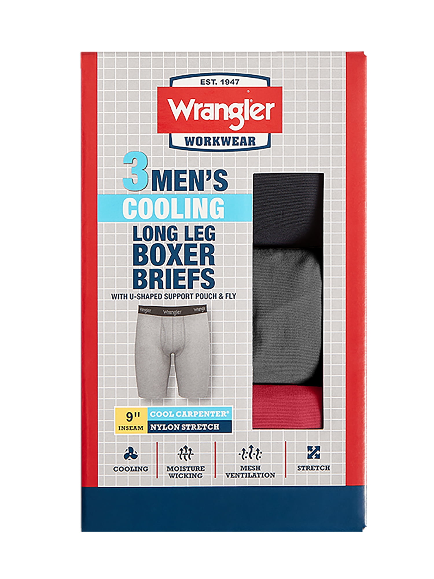 Wrangler Cool Carpenter 9" Boxer Briefs Men's Underwear, XL, Black/Charcoal/Salsa, 3-Pack