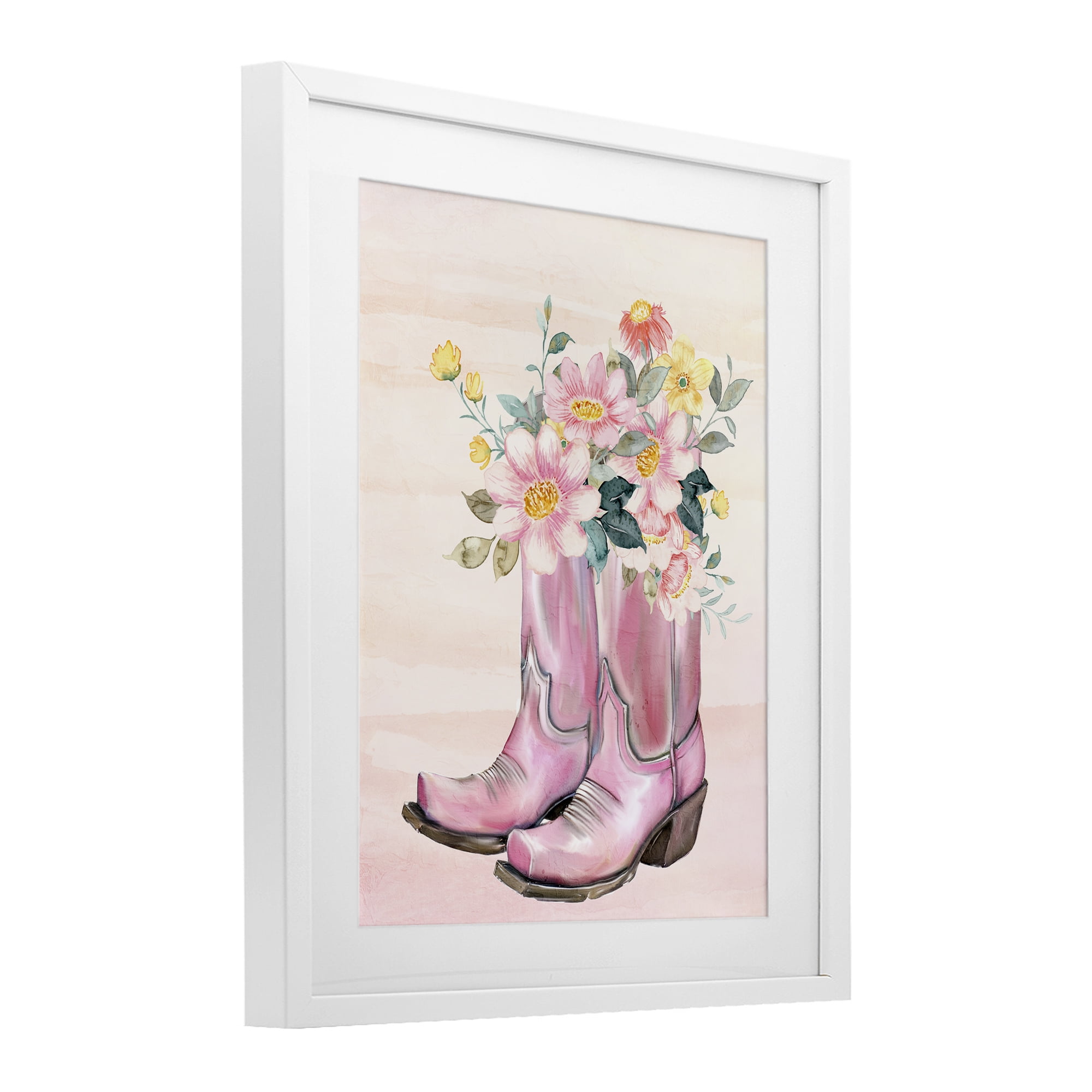 Wildflower Floral Boots White Framed Print Under Glass, design by Kim Allen