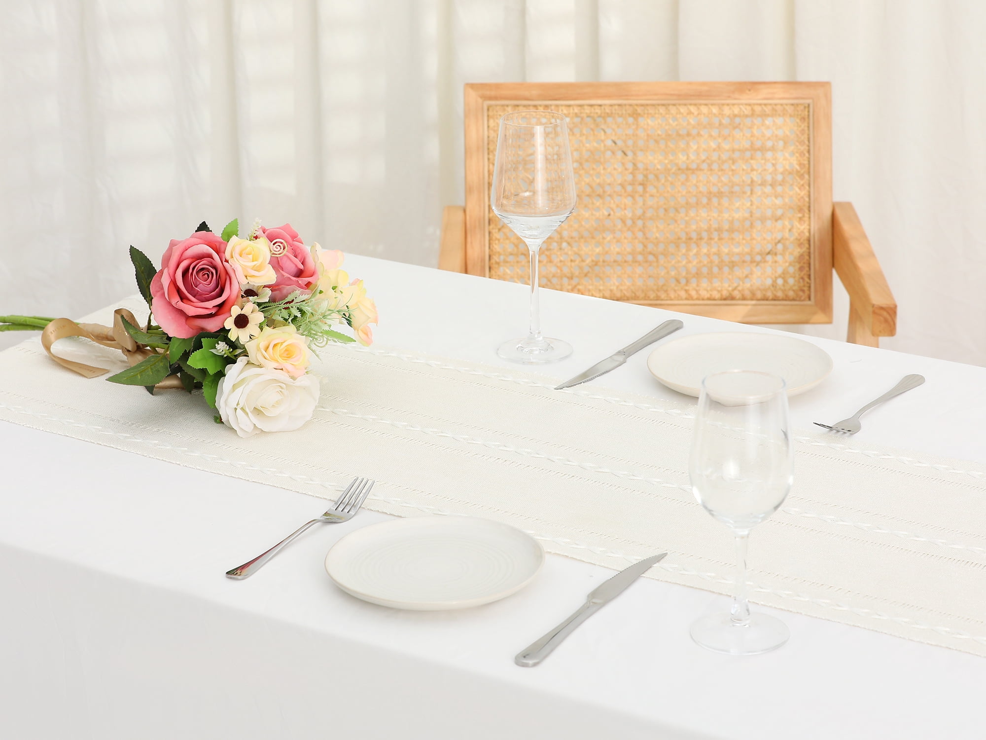 Unique Bargains Fringe Table Runner Hollow Out Table Flags for Daily Decoration Beige 13"x72"