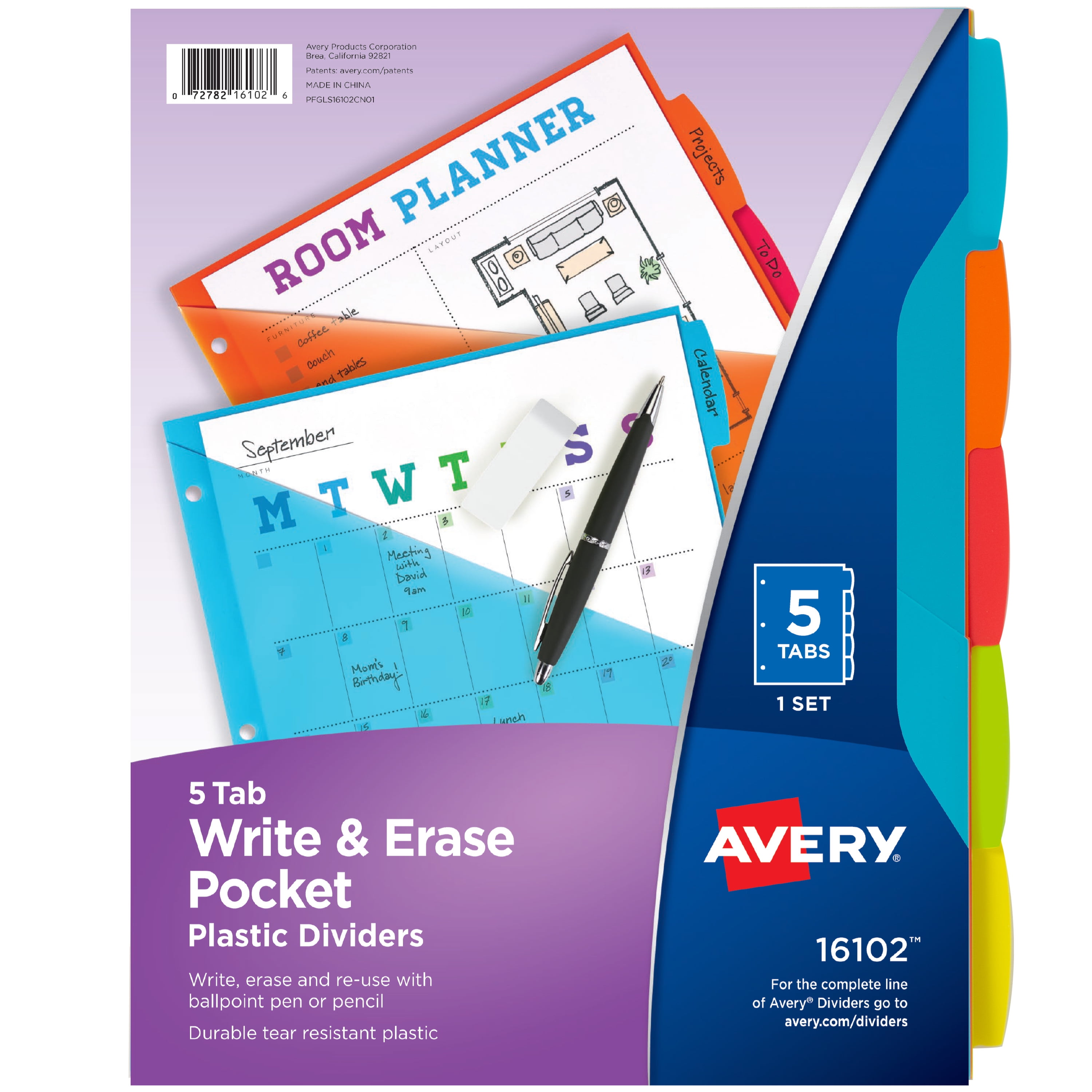 Avery Write & Erase Durable Plastic Dividers with Pockets, 5-Tab Set, Brights (16102)