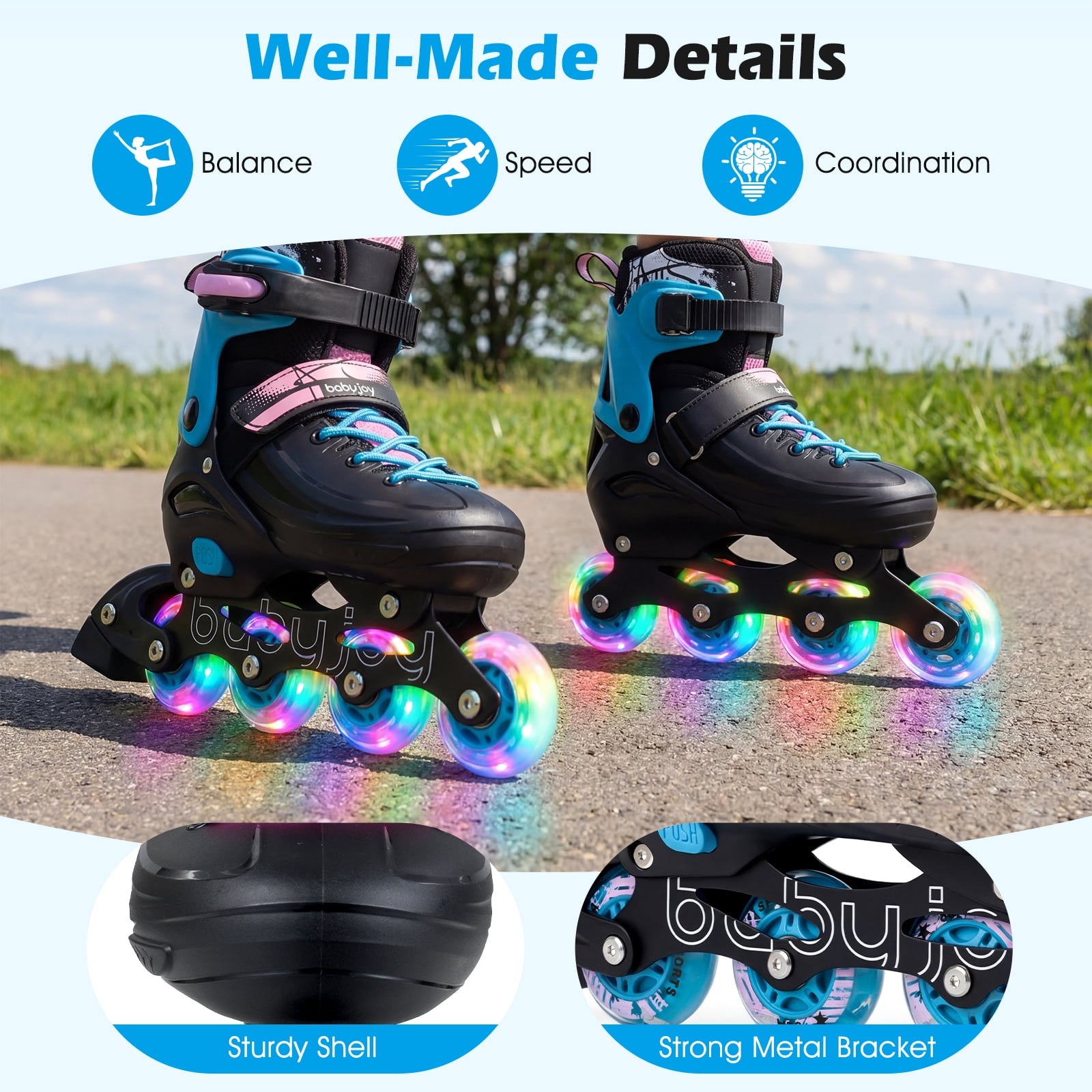 Babyjoy 4-Size Adjustable Light-Up Roller Skates with Illuminating Wheels & Safety Support Black