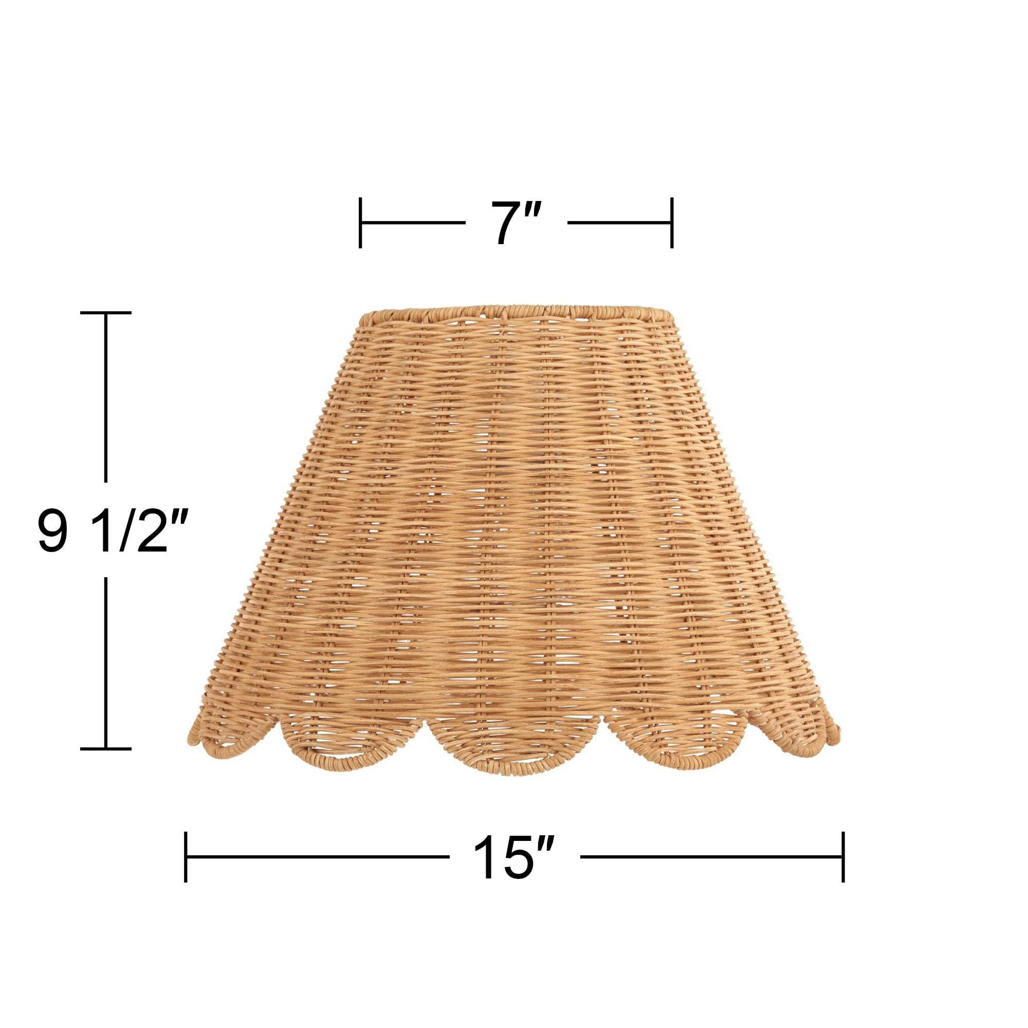 Springcrest 7" Top x 15" Bottom x 9 1/2" High x 9 1/2" Slant Lamp Shade Replacement Natural Rattan Scalloped Bottom Spider Harp Finial