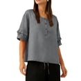 thumbnail image 4 of LEKWK Womens Linen Blouse Ruffle Sleeve Button Down Shirt Round Neck Tunic Tops Cute Tops Loose Fit Solid Soft Summer Casual Outfits, 4 of 7