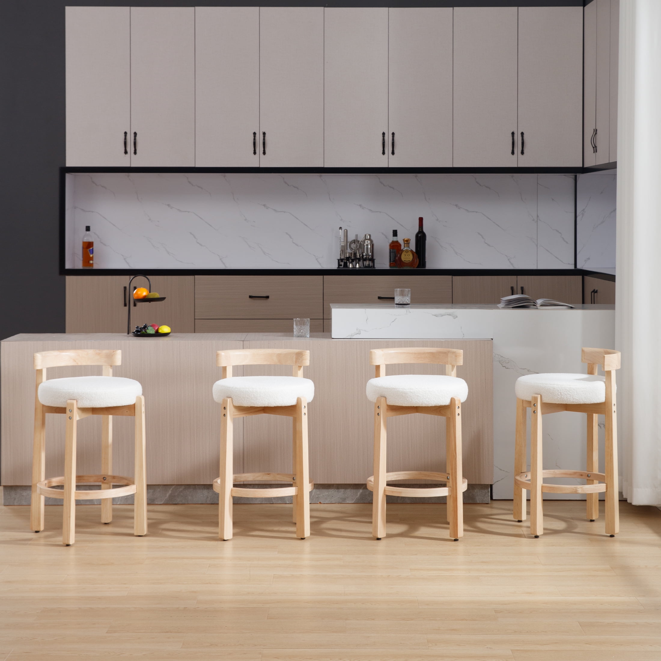 Guyou Counter Height Stools Set of 2, Mid Century Modern 27" Armless Island Bar Stools with Curved Back and Wooden Frame, Round Kitchen Stools with Footrest for Restaurant Bar Kitchen Island, White