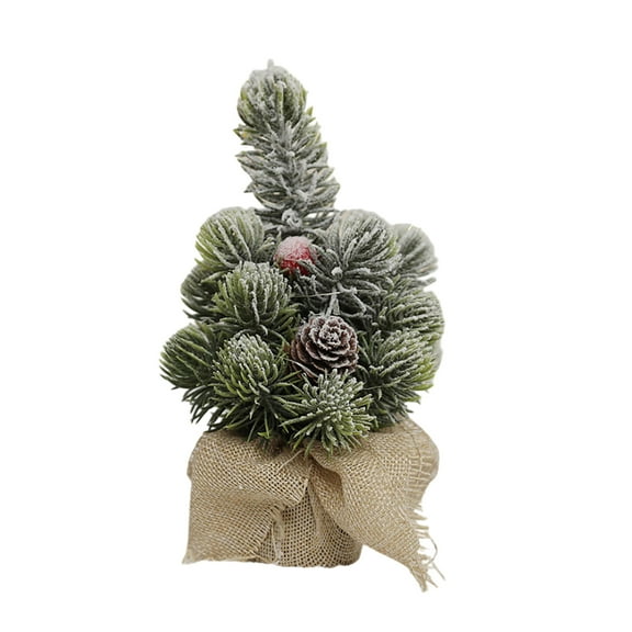 Artificial Mini Christmas Tree 8 Inch - Snowy Flocked Tabletop Tree with Pine Cones, Berries, and Burlap Base for Desk, Table, Home, Office Festive Xmas Decor