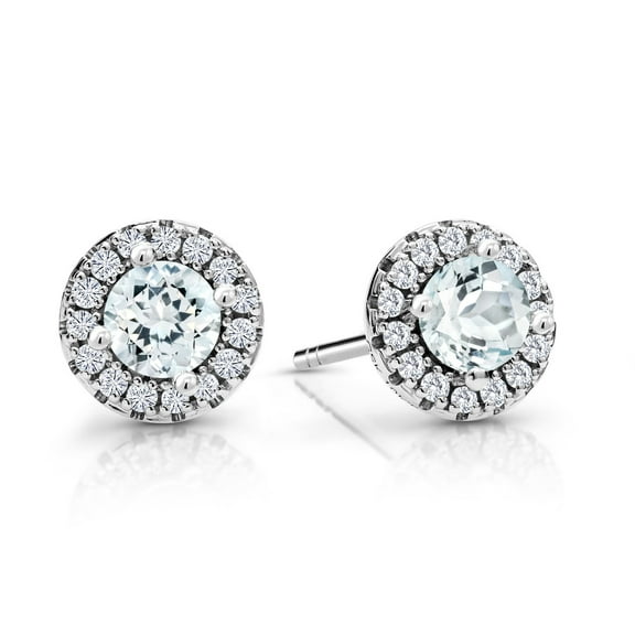 Gem Stone King 10K White Gold Halo Earrings 0.65 Ct Round Sky Blue Aquamarine E-F Lab Grown Diamond