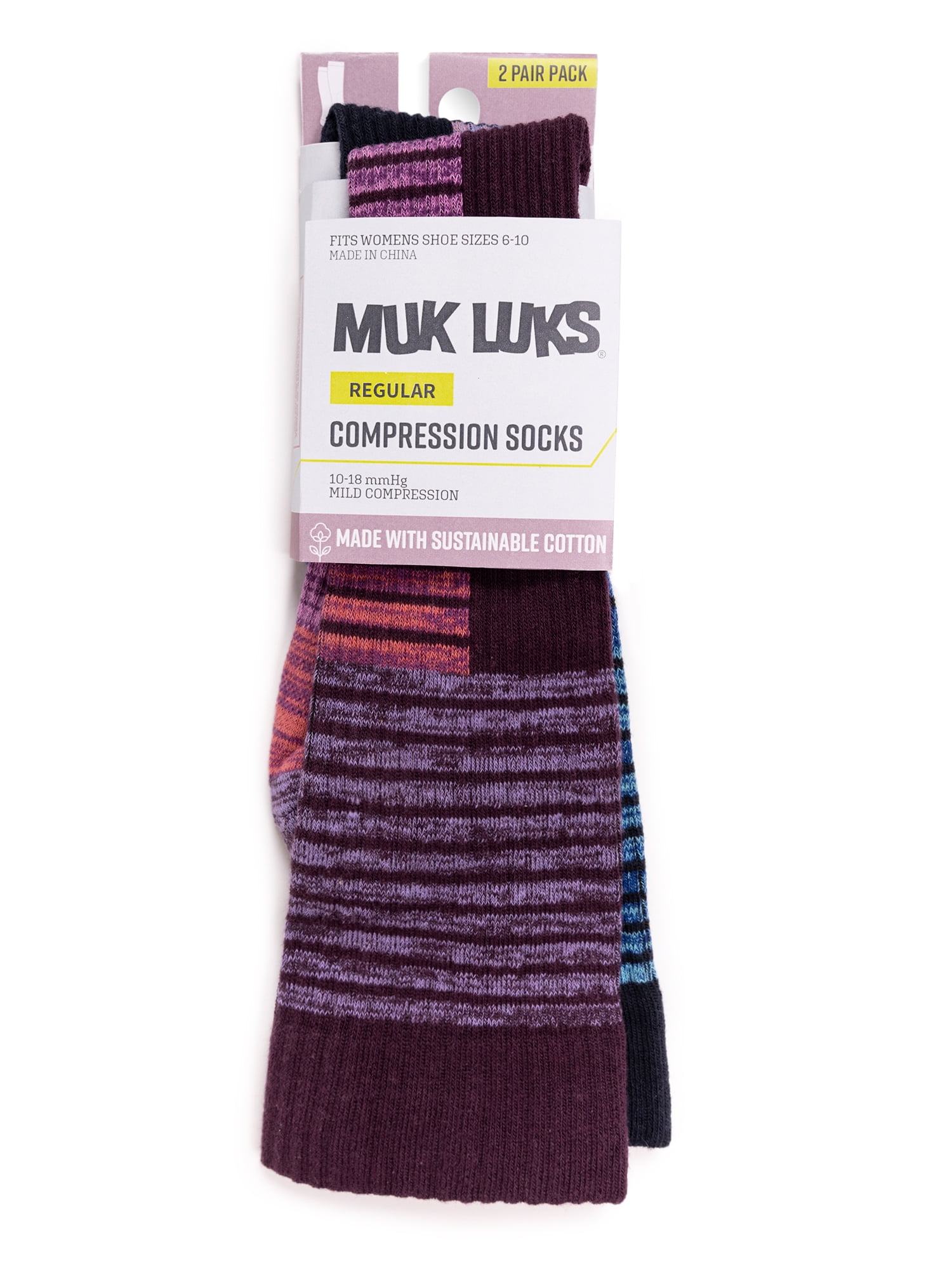 Muk Luks Women's Wide Width Cotton Knee-High Compression Socks, 2 Pair Pack, Purple, Shoe Size 6-10, Wide