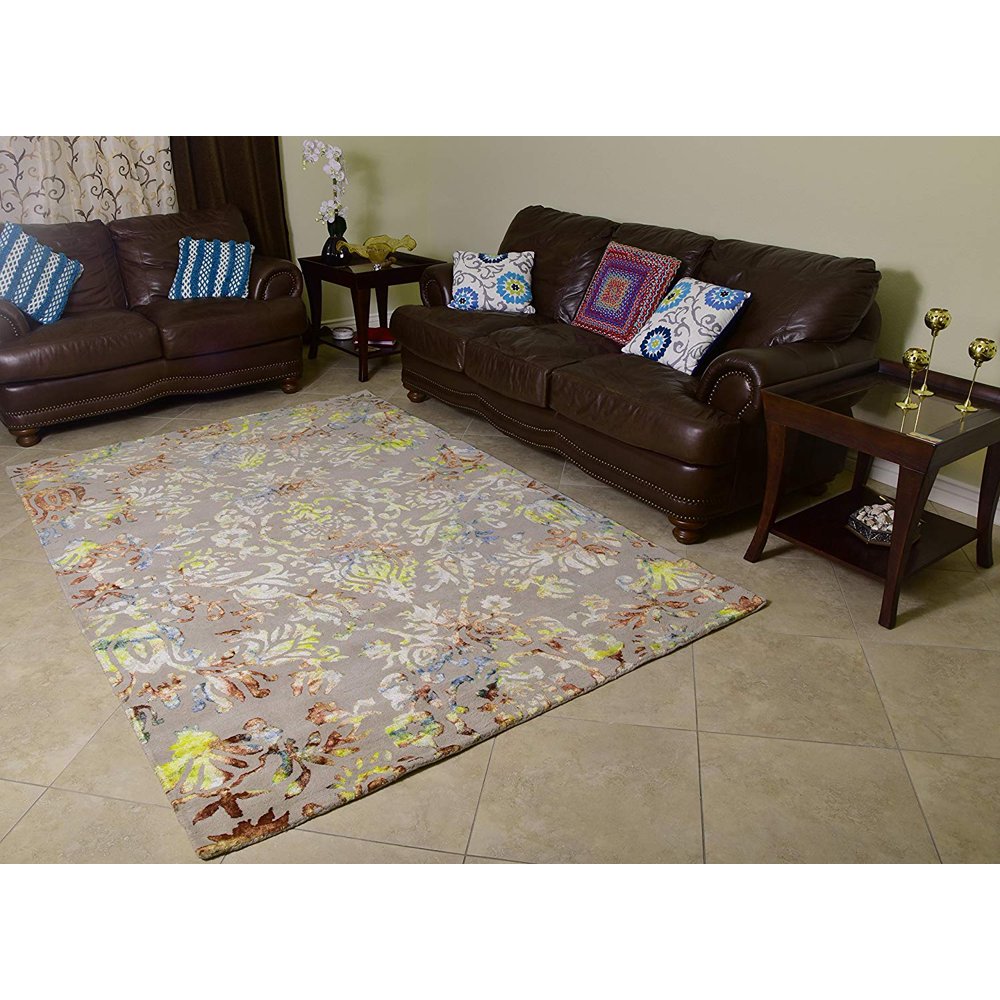 Wool Viscose Area Rug 6x9 ft Hand Tufted Beige Base with Multi Color