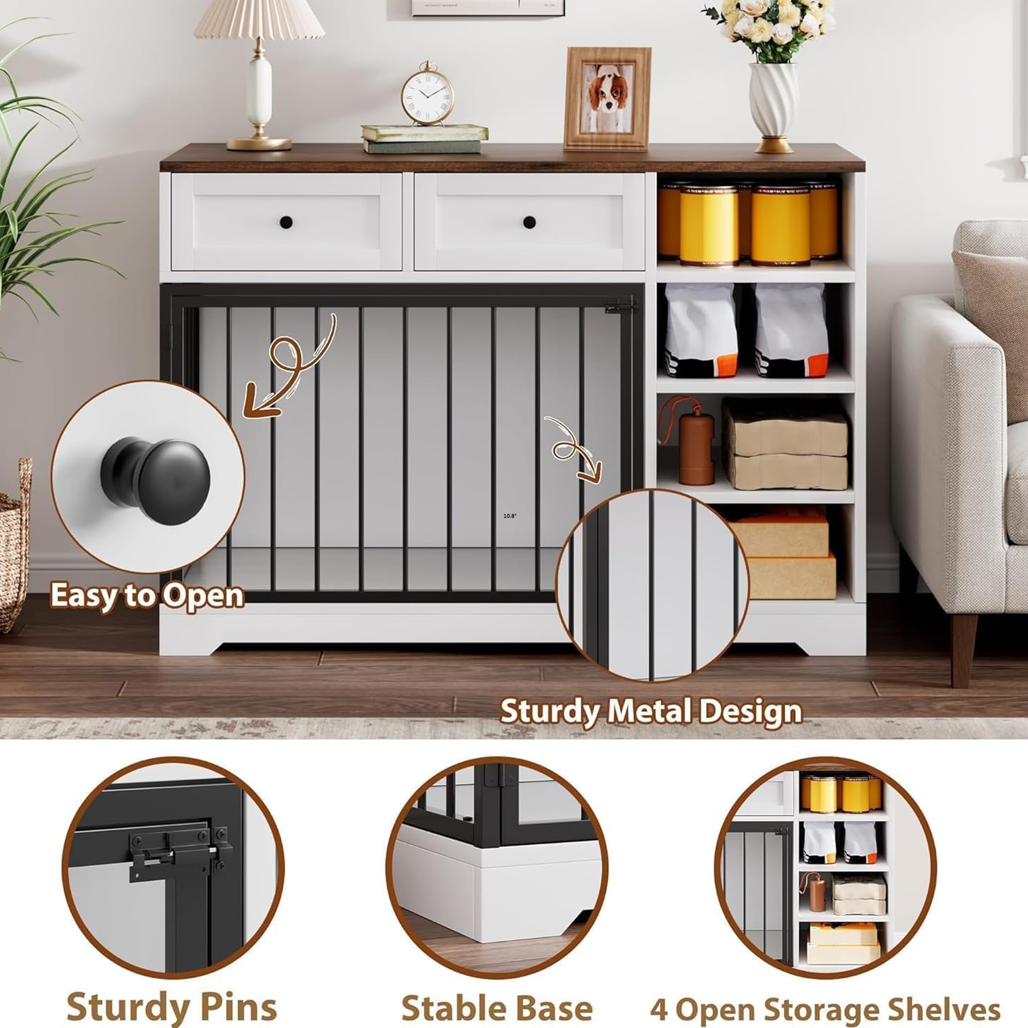 PYY Versatile 47.2" Dog Crate Furniture – 2 Drawers & 4 Shelves, Wooden Indoor Kennel TV Stand, Pet Bed for Small, Medium, Large Dogs, Home Office – Classic Color + White