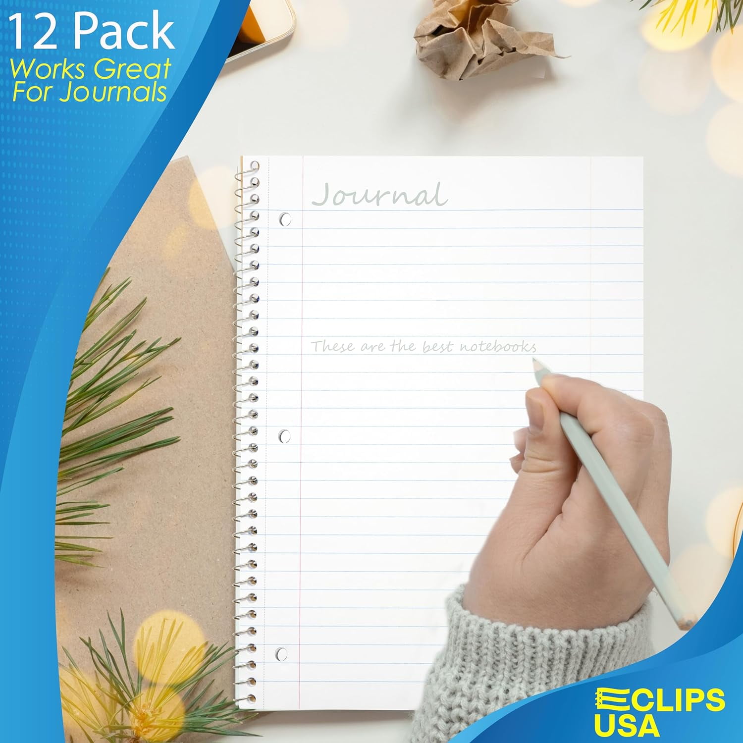 E-CLIPS USA Wide Ruled Single Subject Spiral Notebook, 50 GSM, 70 Sheets, 12 Pack