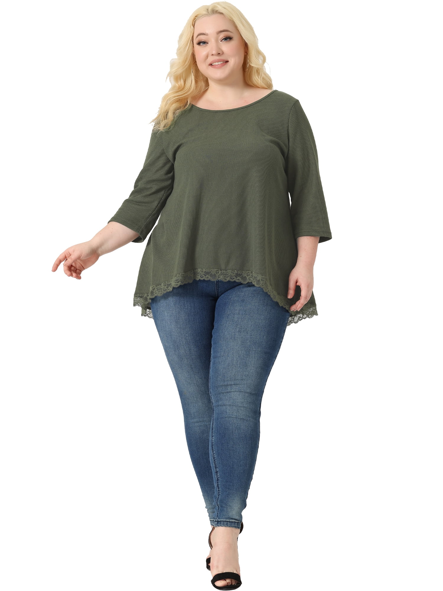 Unique Bargains Women's Plus Size Blouse Waffle Round Neck Lace Panel High Low Hem Tops 2X Army Green