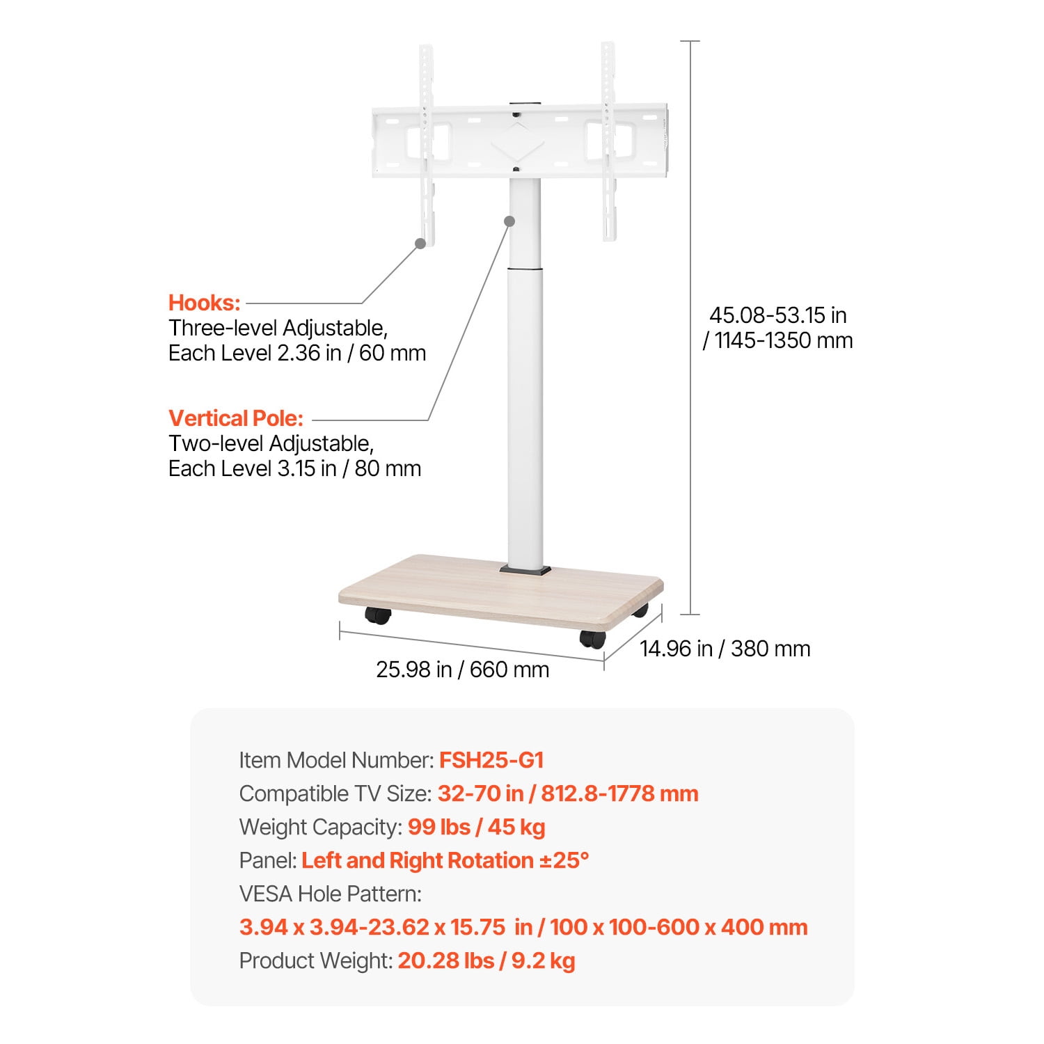 KFFKFF Television Stand with Wheels, TV Base for 32-70 Inches, 25° Swivel and Adjustable Height TV Mount on Casters, Supports up to 99 lbs for Corners, Bedrooms