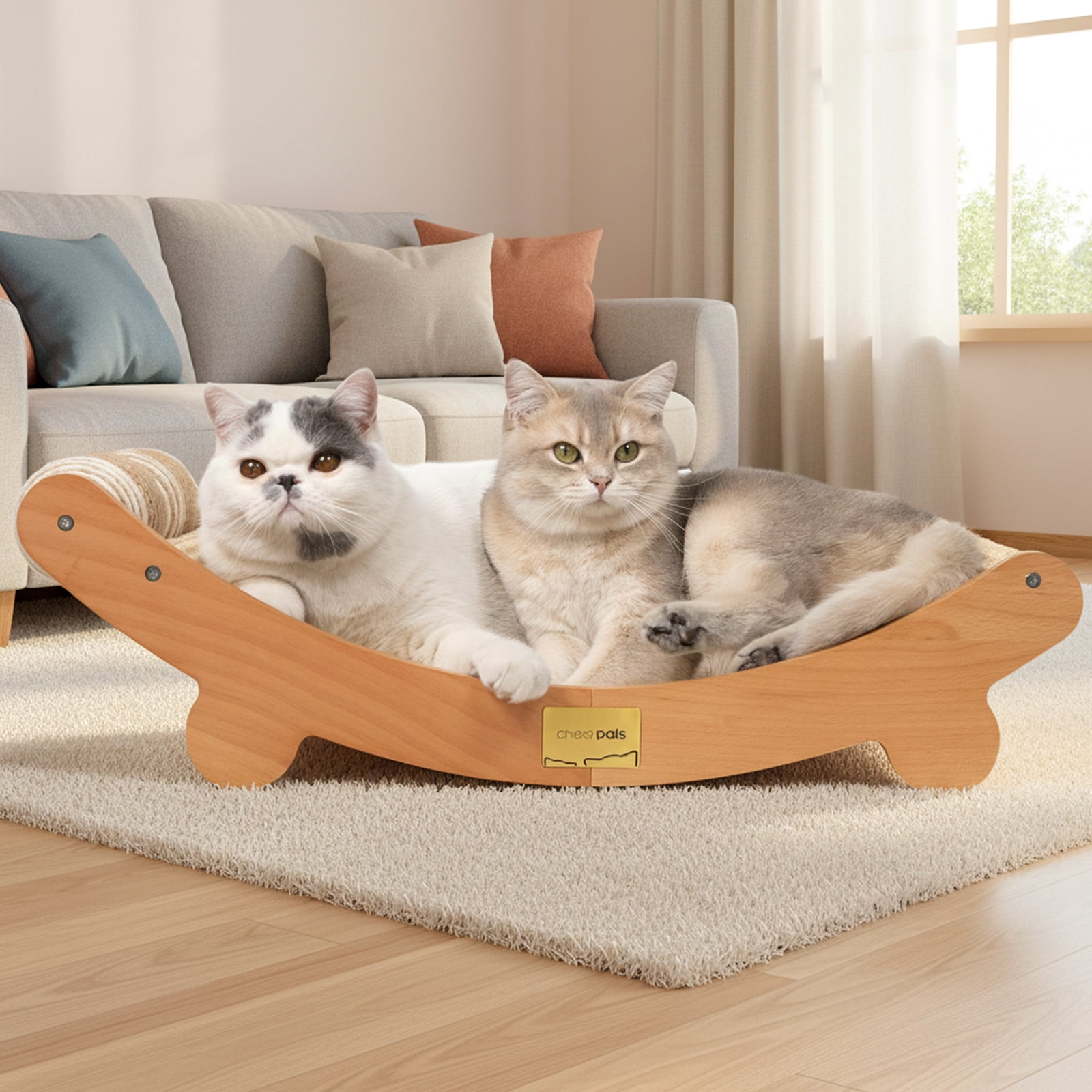 CheerPals Cat Scratcher Pad with Toy Balls, 27x14in Solid Wood Scratching Bed, Sisal Cats Chair Hammock Lounge for Indoor Cat