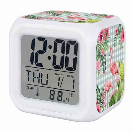 Alarm Clocks Pink Floral Flamingos Digital Clock 7 Color LED Night Light Silent Non-Ticking Battery Operated Summer Tropical Cactus Green Plaid Cube Clocks for Bedroom Bedside Living Room Office