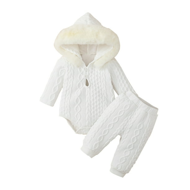 Gibobby Conjunto de manga larga para bebé y niño Traje de rastreo con capucha de invierno, mono de manga larga y pantalones largos, conjunto cálido de dos piezas(Blanco,6-9 Meses)
