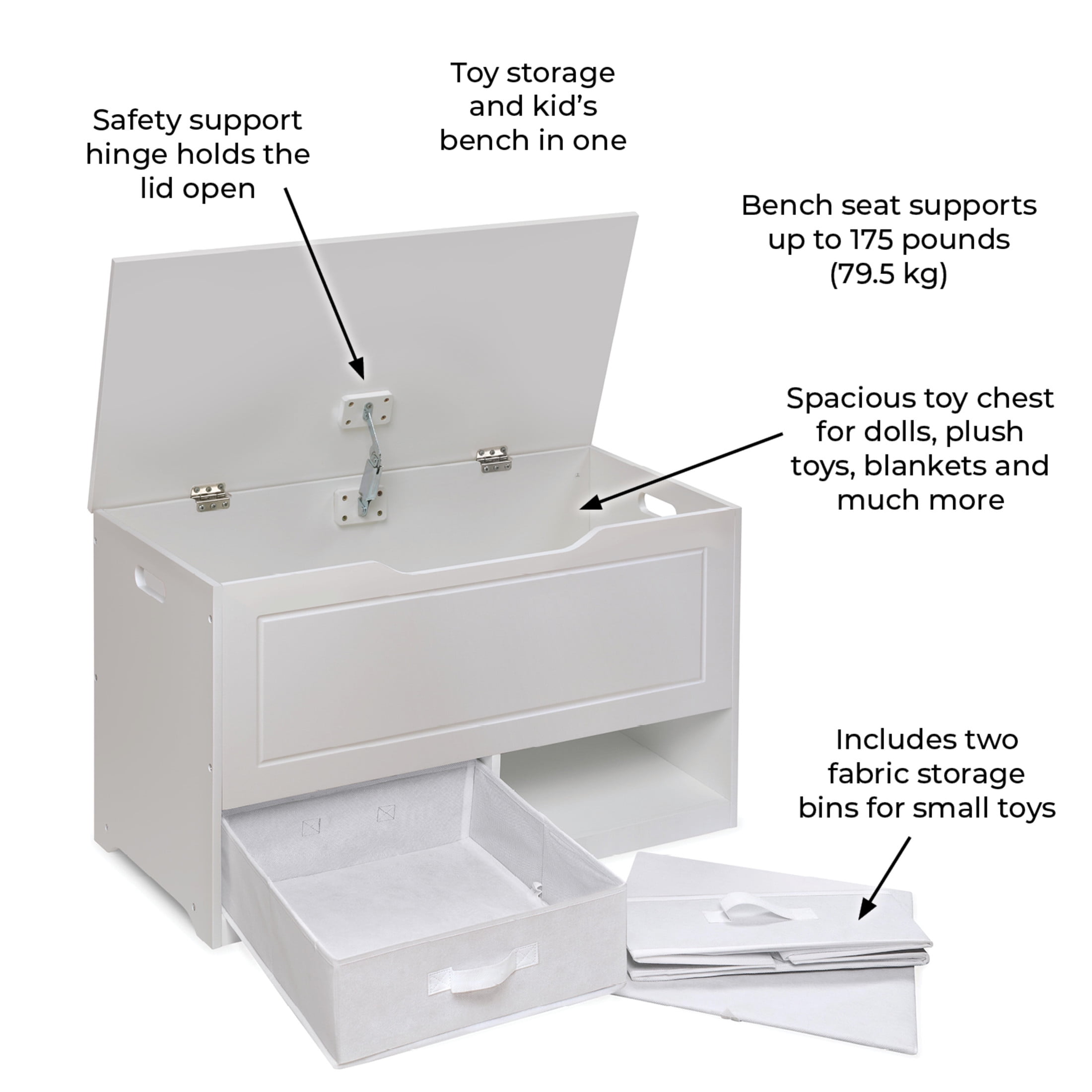 Badger Basket Children's Wooden Up & Down Toy Box and Storage Bench 3.8 Cu ft. - White