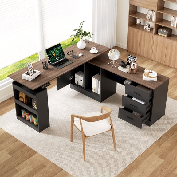 KULAGAGA 63" L-Shaped Electric Standing Desk with Drawers and Shelves, Adjustable Height Executive Desk for Office, Deep Brown & Black