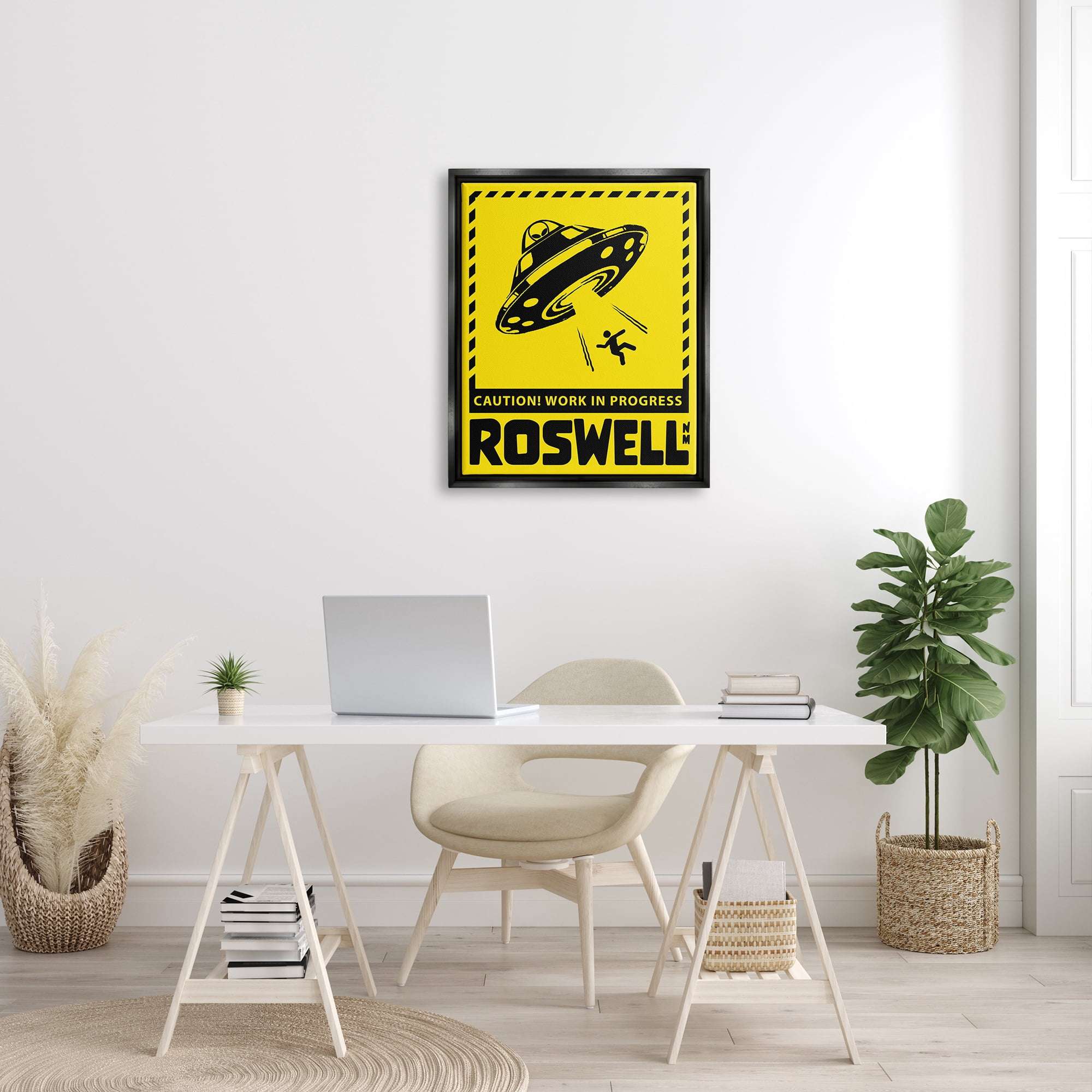 Stupell Industries Caution Roswell NM Alien UFO Travel & Places Painting Black Floater Framed Art Print Wall Art