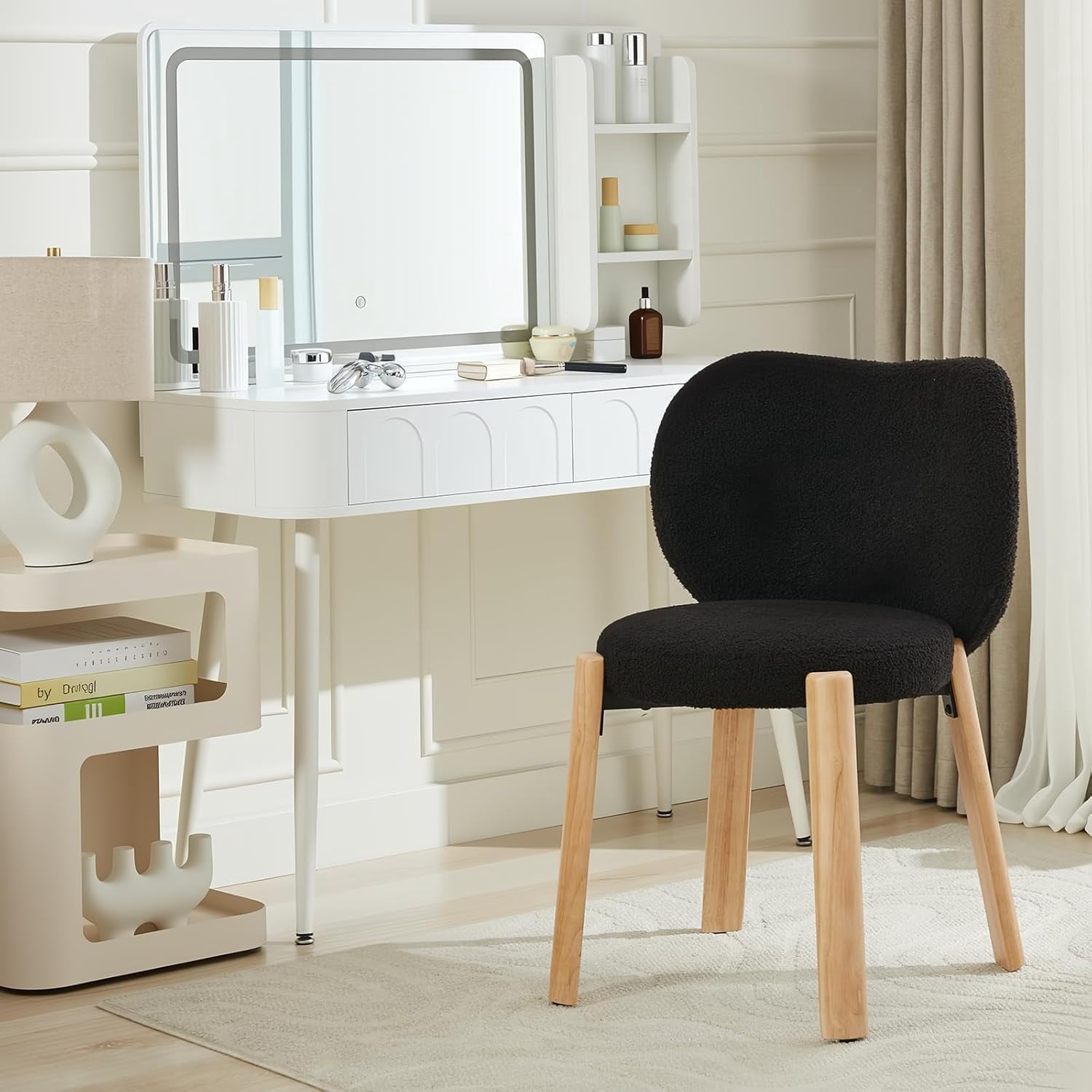 Heart Back Accent Chair - Plush Teddy Fabric Vanity Chair, Small Space Armless Makeup Desk Chair for Bedroom/Dressing Room, 300 Lbs Capacity, Easy Assembly