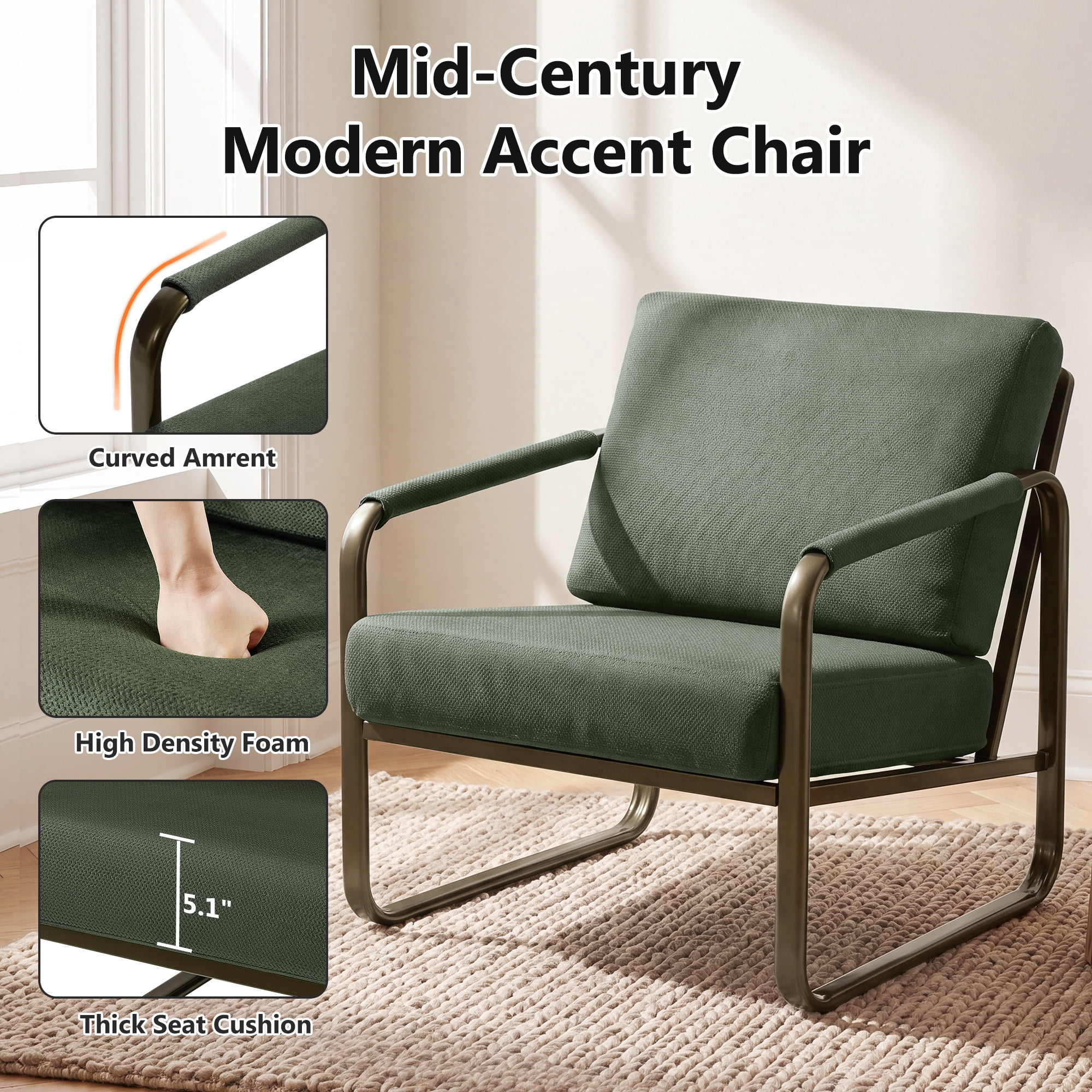 Prilinex Mid-Century Accent Chairs Set of 2, Metal Framed Armchair with Wide Cushion & Backrest, Fabric Living Room Chair for Bedroom Waiting Room, Dark Green