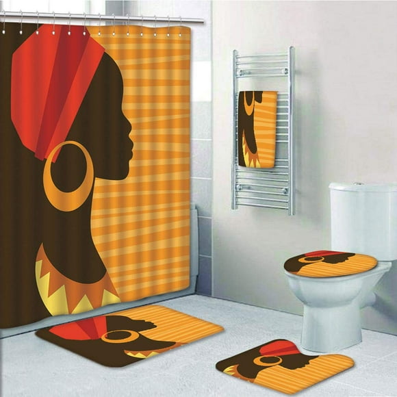 EREHome Girl Profile Silhouette with Earrings Grace Elegance Icon Dark Merigold 5 Piece Bathroom Set Shower Curtain Bath Towel Bath Rug Contour Mat and Toilet Lid Cover