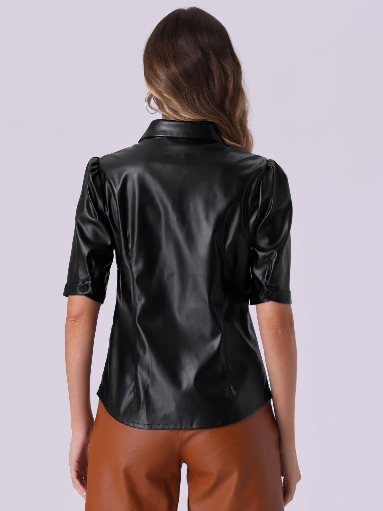 DARING DIVA Women's Faux Leather Shirt Button Down Puff Sleeve PU Jacket M Black