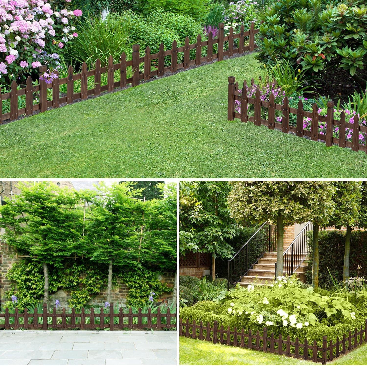 JFTER Decorative Garden Fence Landscape Wood Picket Fencing Ornamental Panel Border Edging Patio Flower Garden Bed Pool Fences Outdoor,Dark Brown 177.5 in