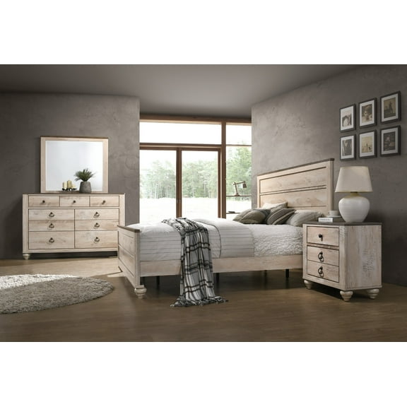 Contemporary White Wash Finish 4-Piece Bedroom Set-Queen Bed, Dresser, Mirror, Nightstand