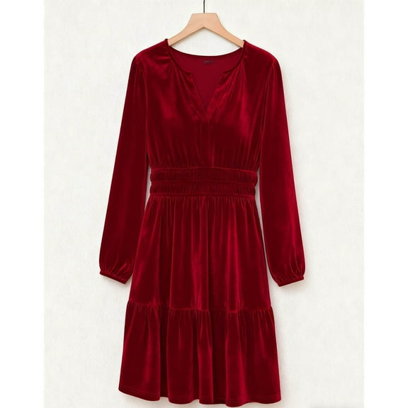 ClodeEU Womens V Neck Long Sleeve Velvet Dress, Elastic Waist Winter Tiered Flowy Swing Dress Red,Womens Plus M