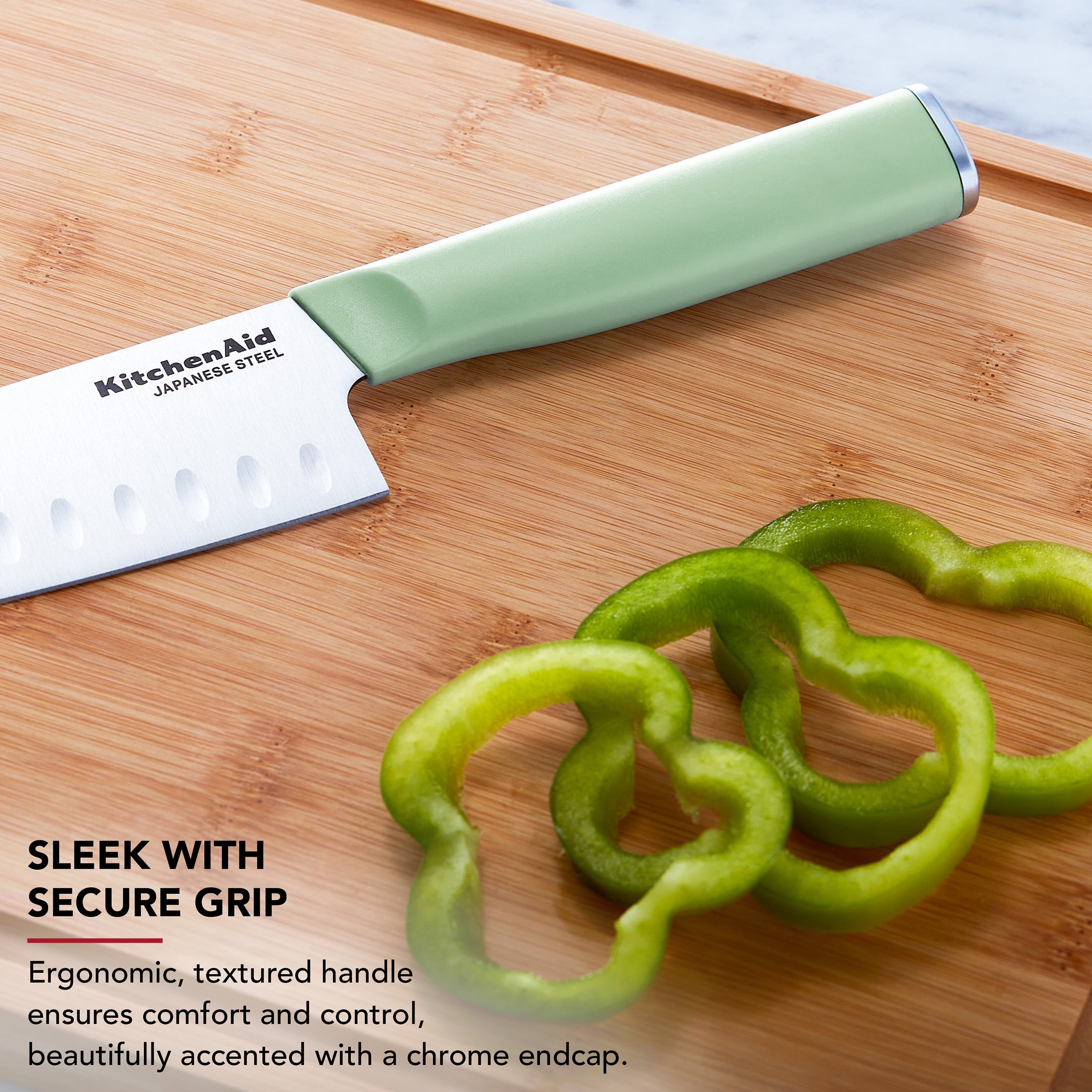KitchenAid Classic 7-Inch Santoku Knife with Sheath, High-Carbon Japanese Steel Blade, Pistachio