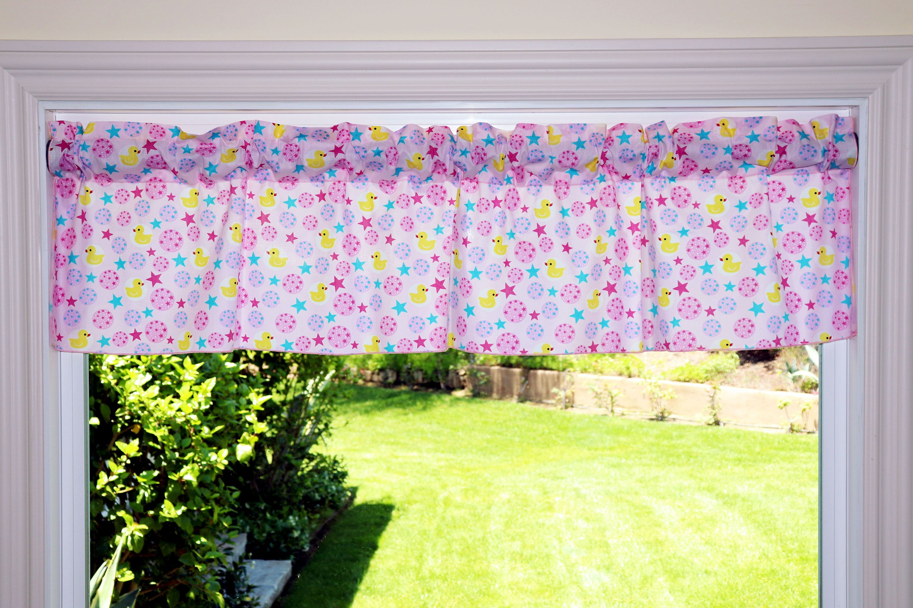 Cotton Window Valance Animal Print 58 Inch Wide Ducks and Stars Pink