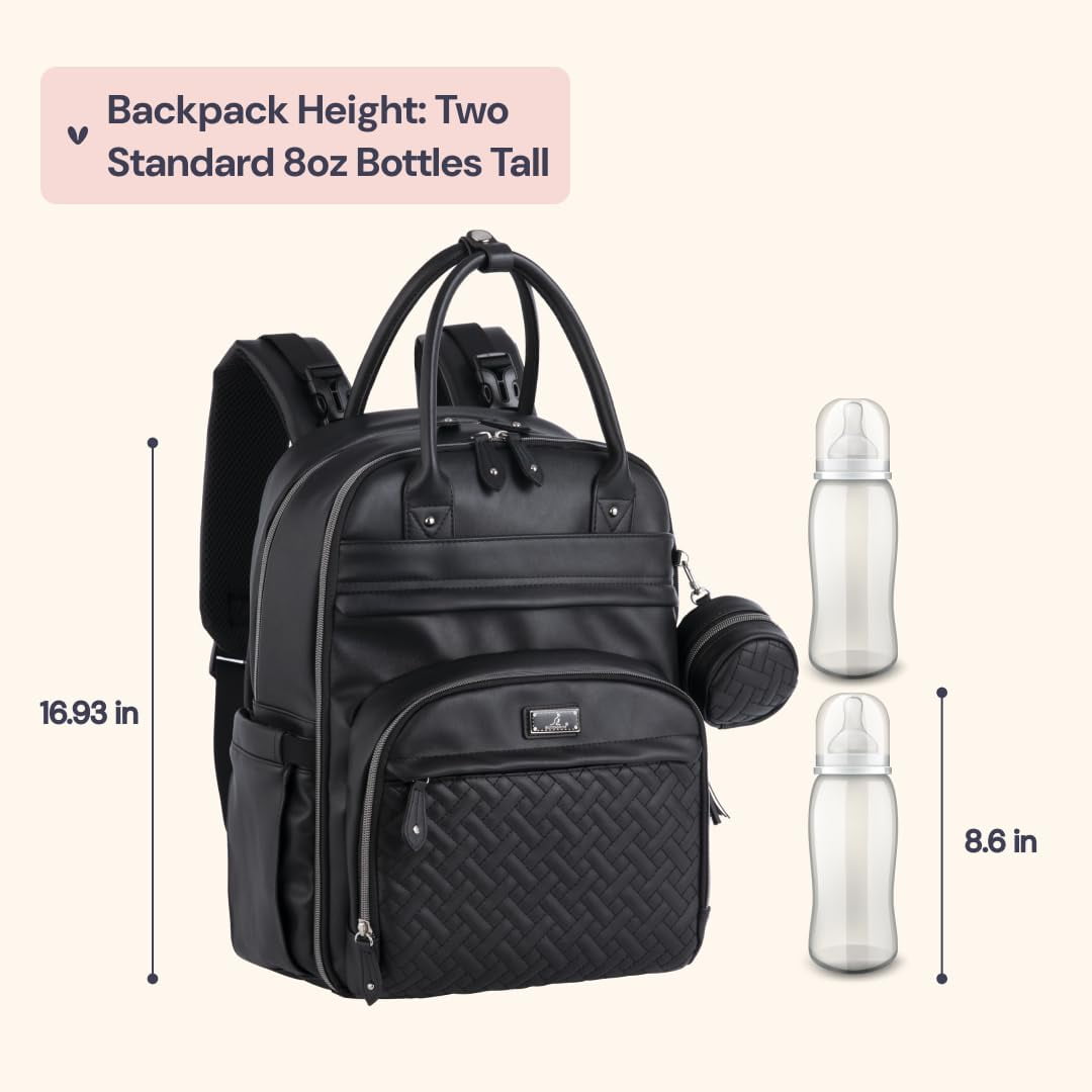 BabbleRoo Diaper Bag Backpack, Multifunction Original Baby Diaper Bag with Insulated Pockets, Vegan leather, Black