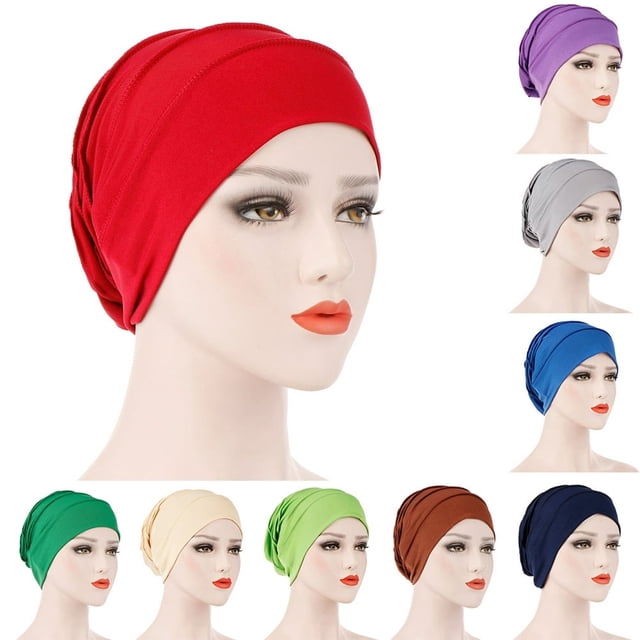 Simple Solid Color Pleated Hat Women Muslim Hijab Turban Arabic Head Scarf Cap