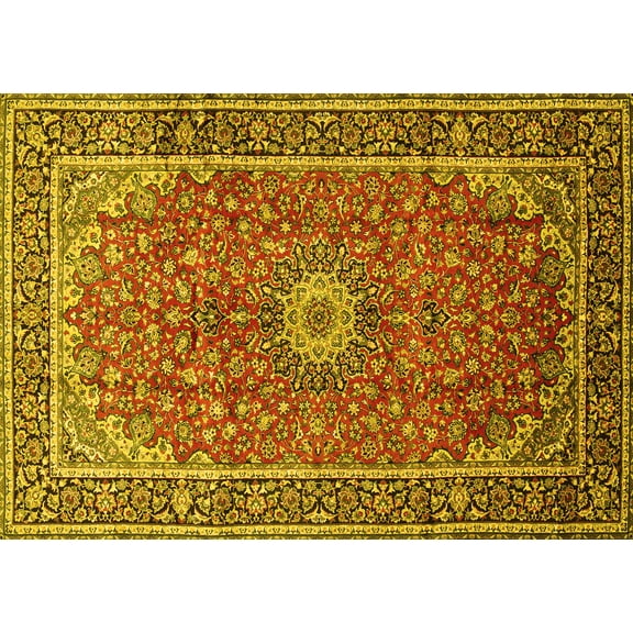 Ahgly Company Machine Washable Indoor Rectangle Medallion Yellow Traditional Area Rugs, 5' x 7'