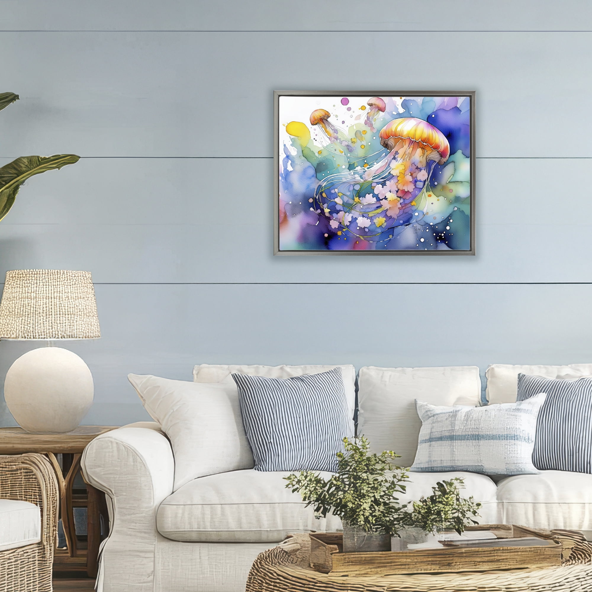 Stupell Industries Neon Jellyfish Underwater Gray Framed Floater Canvas Wall Art, design by Shelly Craig