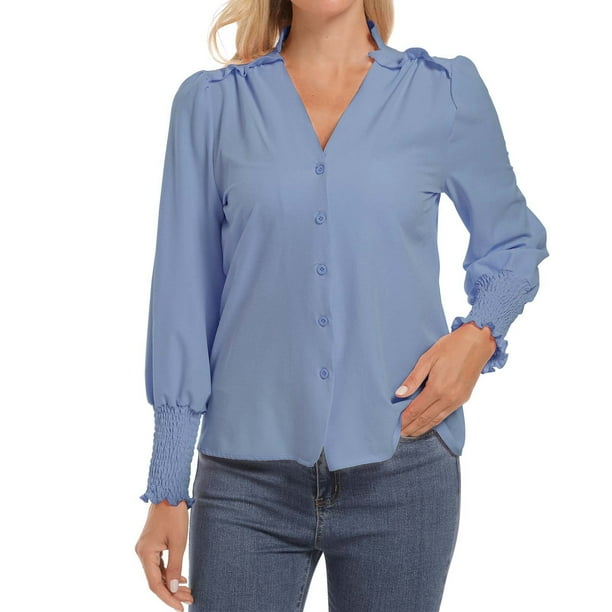 Womens Shirt Shirts Women Casual Women s V Neck Long Sleeve Solid Color Button Open Elegant Shirt Adult Female Clothes Sky Blue Size M