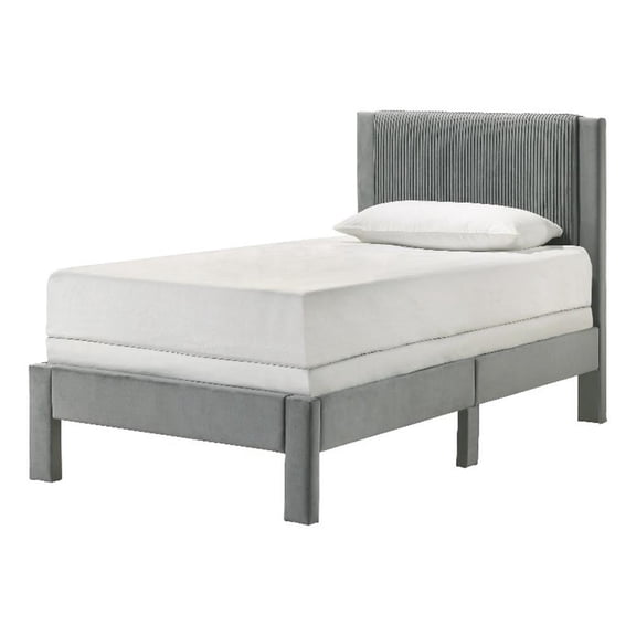 Cery Twin Size Platform Bed- Light Gray Upholstery- Textured Headboard
