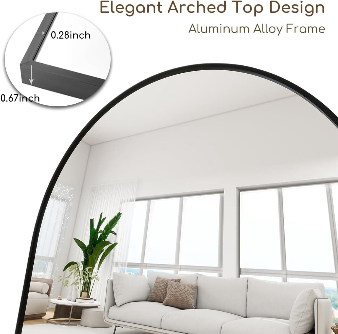 Anyrose 58"x18" Full Length Arch Top Mirror with Metal Frame Stand Wall Mounted, Black
