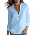 thumbnail image 3 of VBVC Women's Cotton Linen Henley Shirt , V-Neck Standing Collar Blouses For Women , Ladies' Long Sleeve Tops with Pockets,Light Blue,S-2XL, 3 of 10